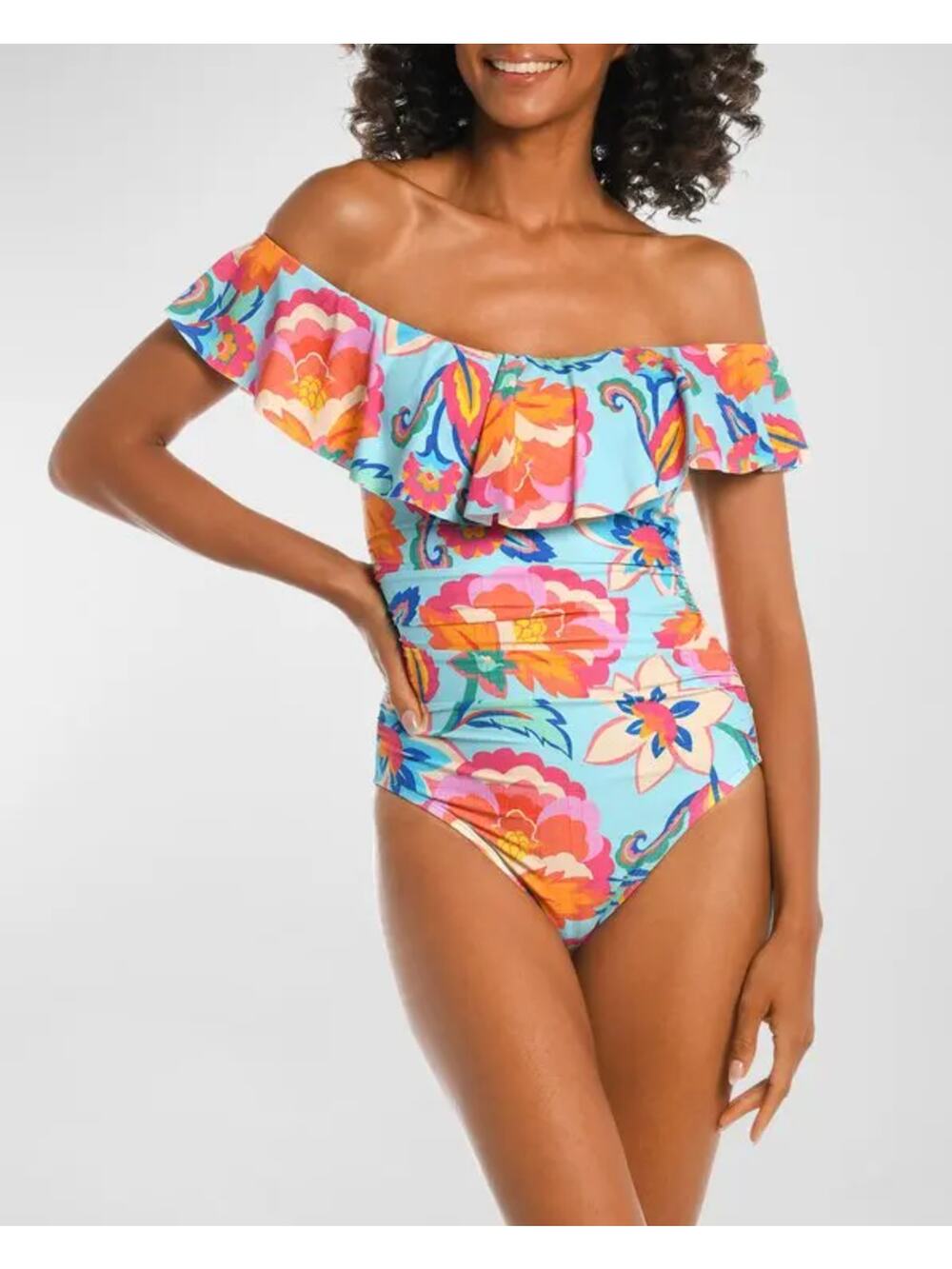 La Blanza One-Piece Swimsuit 2XL XXL Blue Floral Breezy Ruffle Off the Shoulder